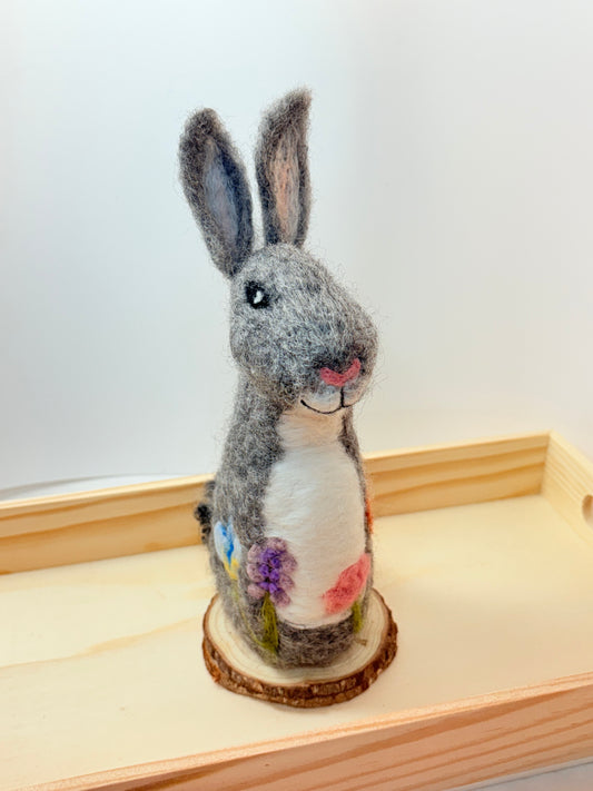 Garden Basket Bunny | One of a kind bunny figure - Grey with floral decoration - 8" tall (approx.)