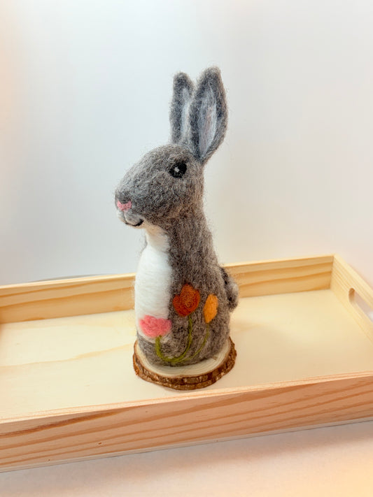 Garden Basket Bunny | One of a kind bunny figure - Grey with floral decoration - 8" tall (approx.)