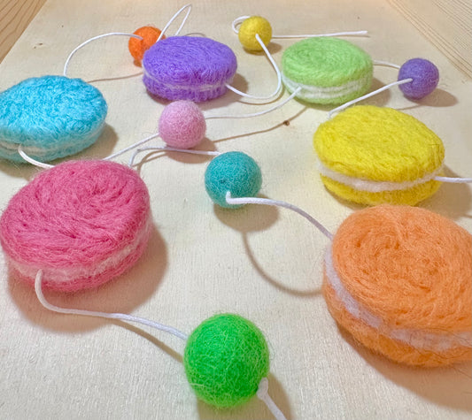 Sweet Macaron Garland | Colorful decoration - 6 macarons, 7 balls - 60” total length